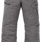 Burton Youth Exile 2L Insulated Cargo Pant 2024 - A pair of gray snow pants with a subtle black pattern and two cargo pockets on the right leg.