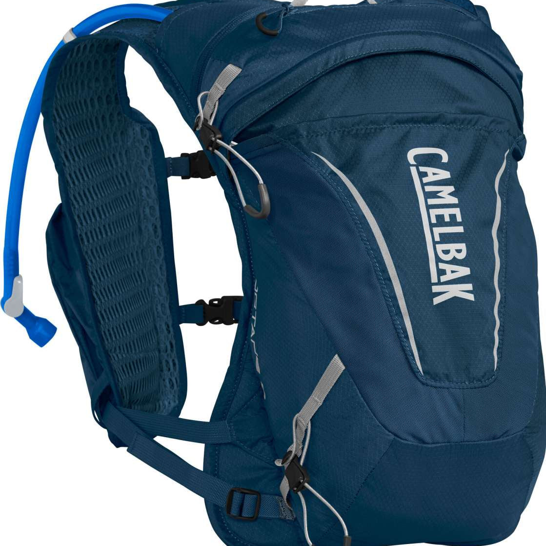 CamelBak Women's Octane 9 70 OZ Hydration Pack - A blue hydration pack with a white logo and straps, featuring a zippered front pocket and two water bottle holders.
