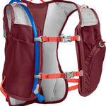 CamelBak Women's Octane 9 70 OZ Hydration Pack - A maroon-colored hydration pack with a blue hose and silver buckles.