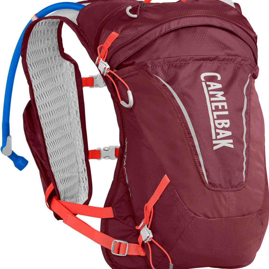 CamelBak Women's Octane 9 70 OZ Hydration Pack - A maroon backpack with a white logo and straps, featuring a water bladder on the back.