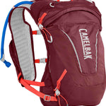 CamelBak Women's Octane 9 70 OZ Hydration Pack - A maroon backpack with a white logo and straps, featuring a water bladder on the back.
