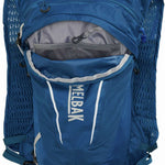 CamelBak Women's Octane 9 70 OZ Hydration Pack - A blue hydration pack with a zippered front pocket and two mesh side pockets, featuring a white logo on the top.