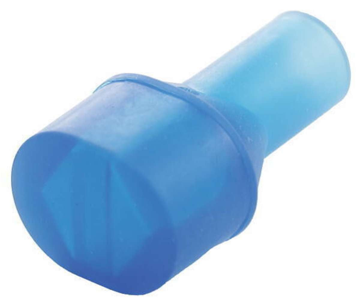 Camelbak Big Bite Valve 2024 - Blue plastic valve with ridged edges and a small, circular opening at the end.