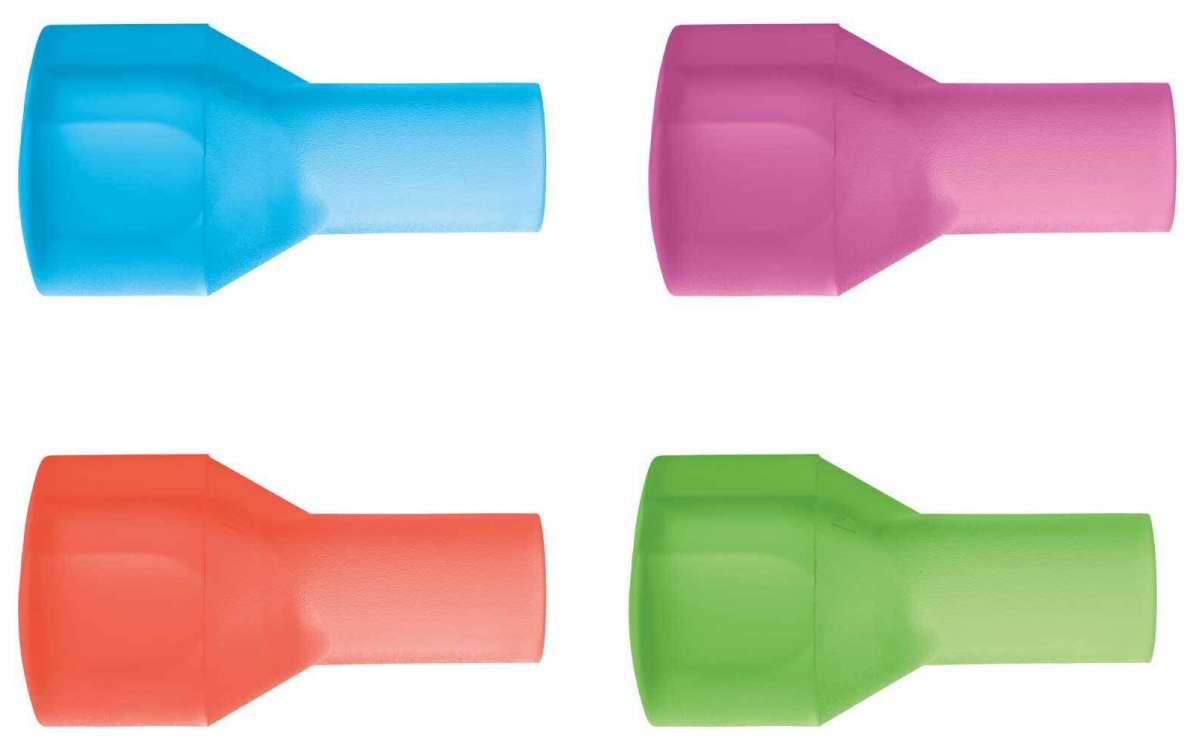 Camelbak Big Bite Valve 4-Pack - Four small, black plastic valves with a single hole in the center and a rounded edge on one side.