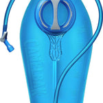 Camelbak Crux 3L - A blue reservoir with a white logo and a gray valve on top, featuring a circular opening in the center.