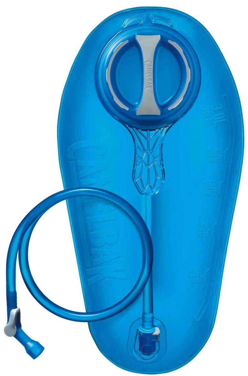 Camelbak Crux 3L - A blue reservoir with a white logo and handle on top, featuring a clear plastic window to show water level.