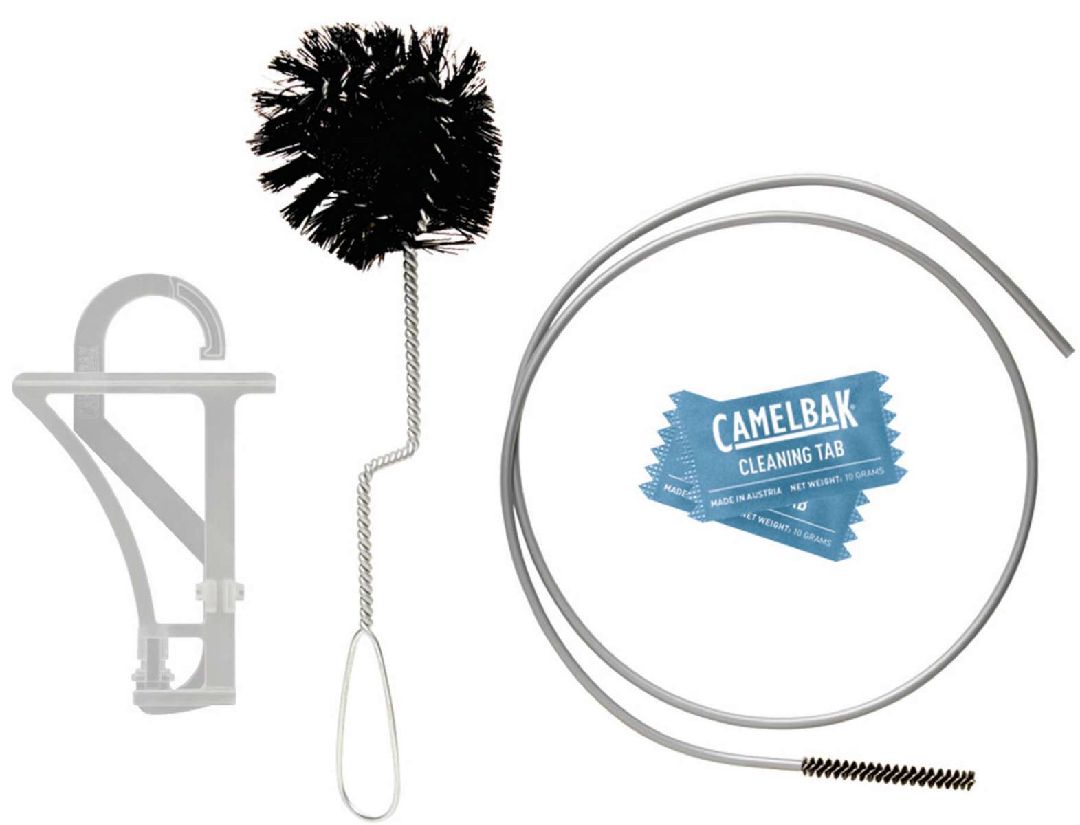 Camelbak Crux Cleaning Kit - A black, bristled brush with a long handle and looped end is shown next to a small, round bottle of cleaning solution.