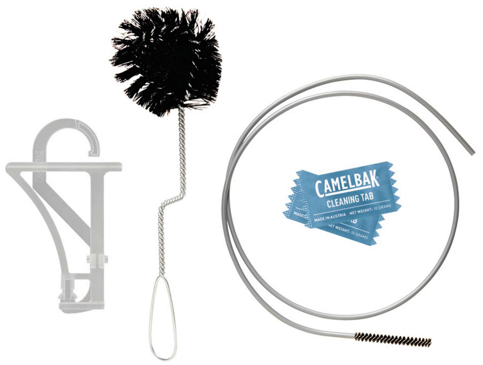 Camelbak Crux Cleaning Kit - A black cleaning brush with a long handle and a round head is shown next to a metal tube with a small opening at one end.