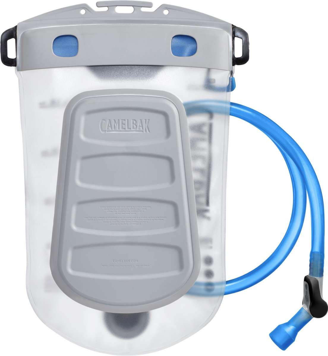 Camelbak Fusion 2L 70oz Reservoir - A clear reservoir with a blue hose and black screw-top cap.