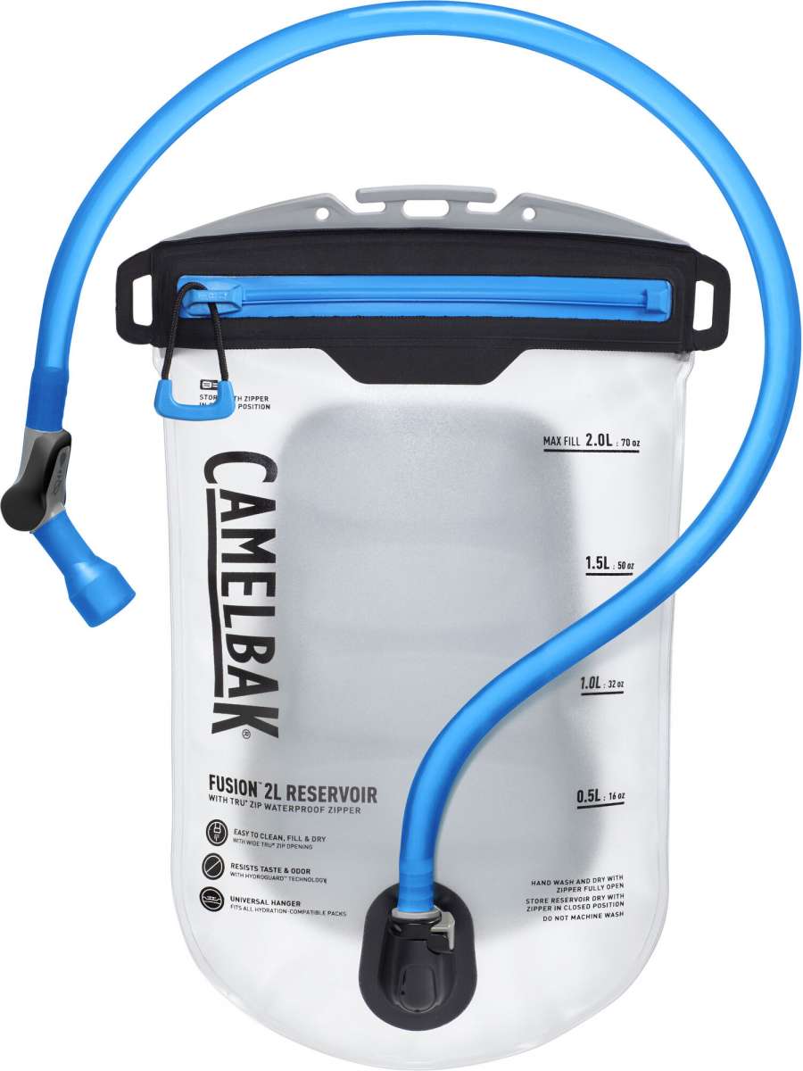 Camelbak Fusion 2L 70oz Reservoir - A white reservoir with a black zipper and blue hose.