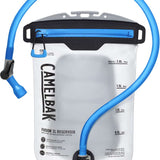 Camelbak Fusion 2L 70oz Reservoir - A white reservoir with a black zipper and blue hose.