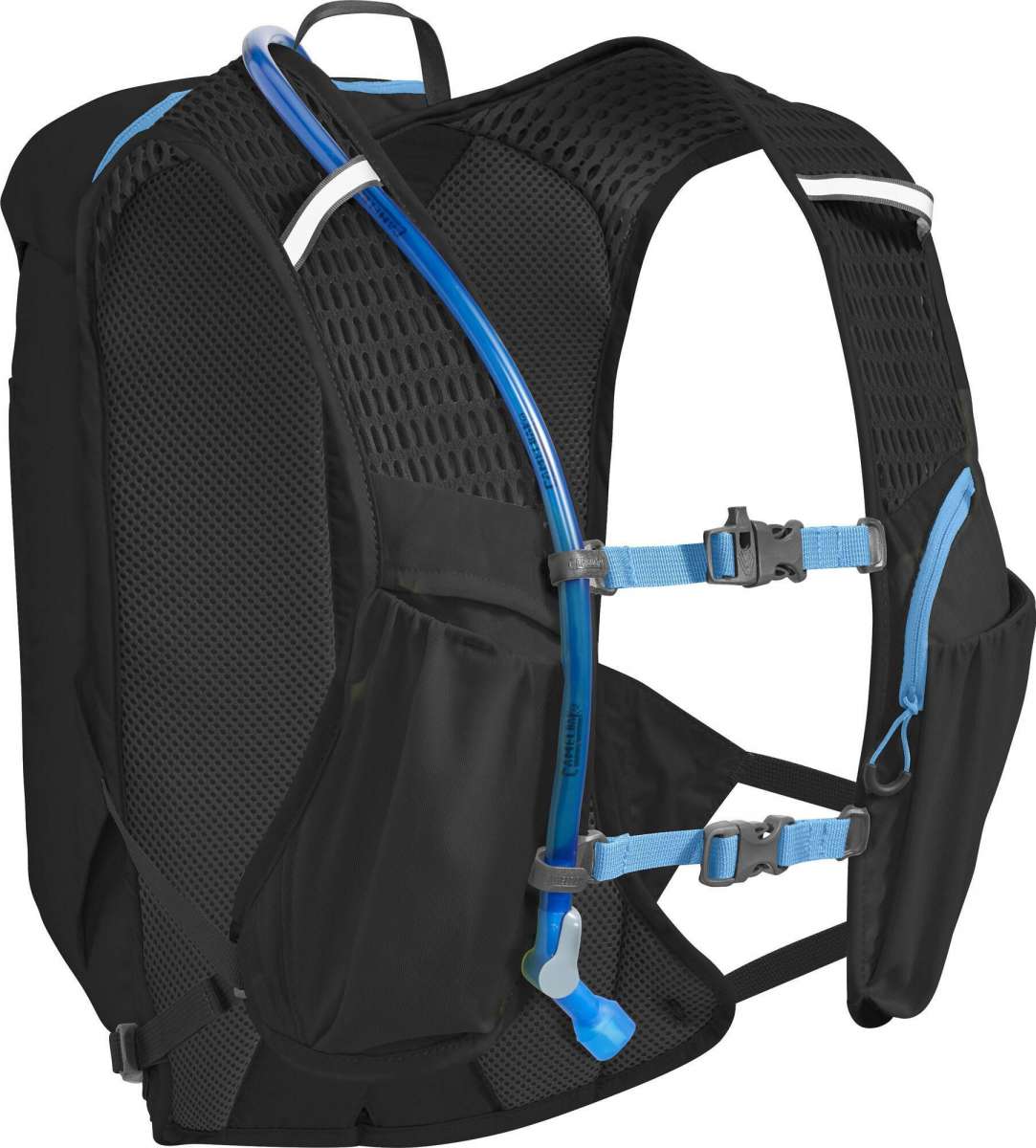 Camelbak Octane 10 70oz Hydration Pack - A black hydration pack with a blue logo and white accents, featuring a mesh back panel for breathability.