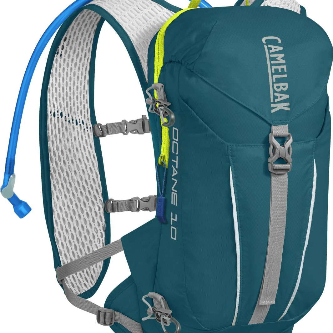 Camelbak Octane 10 70oz Hydration Pack - A dark teal hydration pack with a white mesh back panel and gray buckles, featuring a yellow zipper pull on the right side.