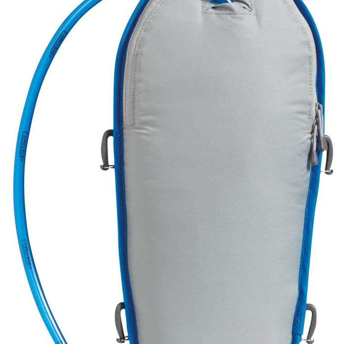 Camelbak Unbottle 2L 70oz Reservoir - A white water reservoir with a blue logo and strap on top, featuring two small silver clips.