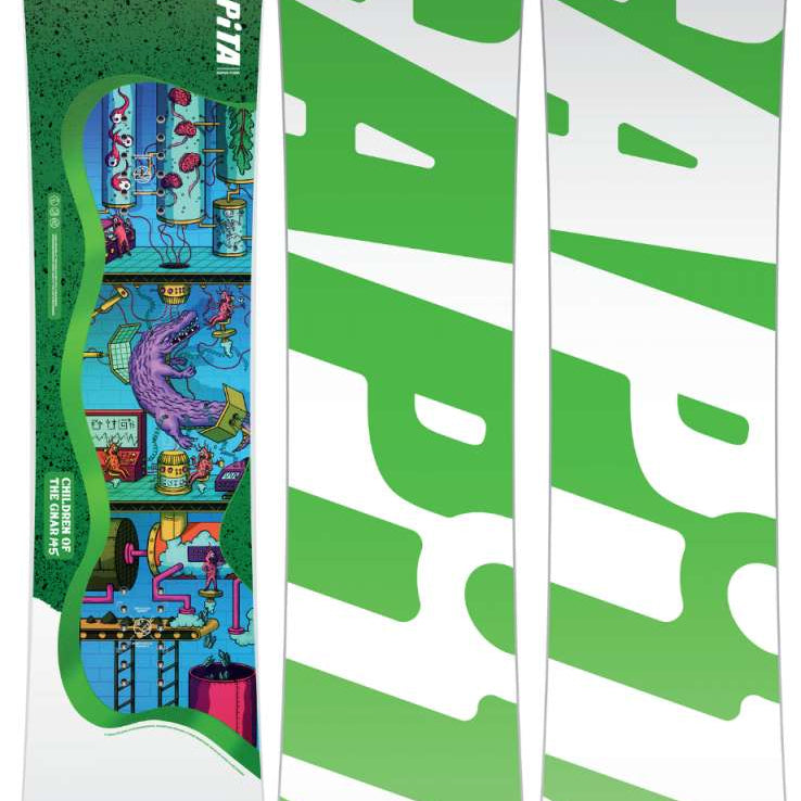 Capita Kids Children of the Gnar Snowboard 2024 - A green snowboard with a blue graphic featuring cartoon characters and a purple wolf.