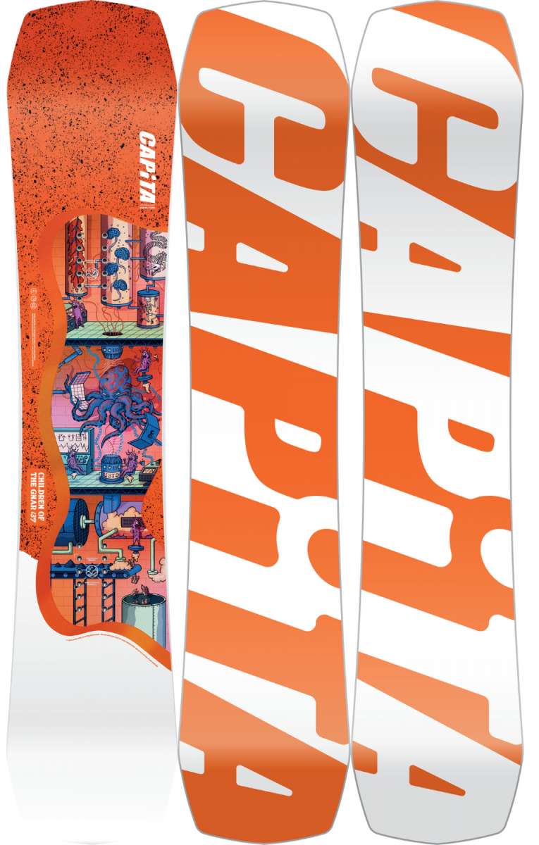 Capita Kids Children of the Gnar Snowboard 2024 - A snowboard with a blue octopus on shelves in front of an orange background.