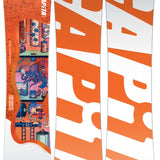 Capita Kids Children of the Gnar Snowboard 2024 - A snowboard with a blue octopus on shelves in front of an orange background.