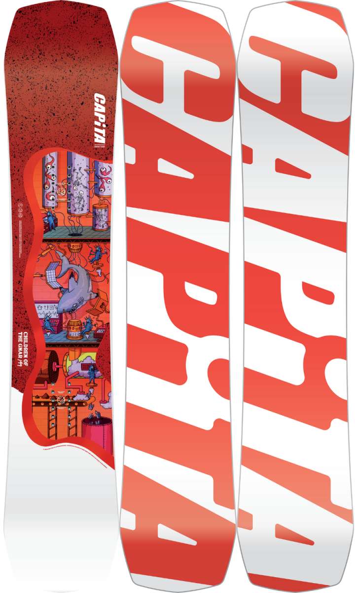 Capita Kids Children of the Gnar Snowboard 2024 - A snowboard with a colorful cartoon graphic featuring children and animals on an orange background.