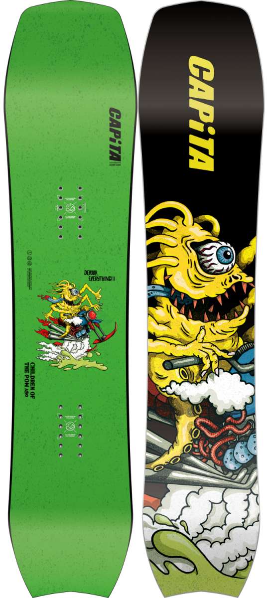 Capita Kids Children of the Pow Snowboard 2024 - A snowboard with a black background and yellow lettering that says "CAPiTA" on top, featuring an illustration of a child riding a snowboard down a mountain.