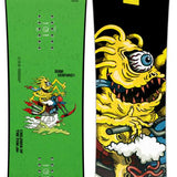 Capita Kids Children of the Pow Snowboard 2024 - A snowboard with a black background and yellow lettering that says "CAPiTA" on top, featuring an illustration of a child riding a snowboard down a mountain.