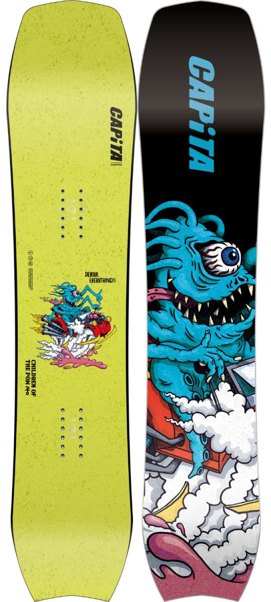 Capita Kids Children of the Pow Snowboard 2024 - A snowboard with a blue monster riding a red snowmobile on a cloud, surrounded by white clouds and yellow stars.