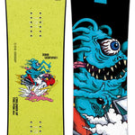 Capita Kids Children of the Pow Snowboard 2024 - A snowboard with a blue monster riding a red snowmobile on a cloud, surrounded by white clouds and yellow stars.