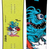 Capita Kids Children of the Pow Snowboard 2024 - A snowboard with a blue monster riding a red snowmobile on a cloud, surrounded by white clouds and yellow stars.