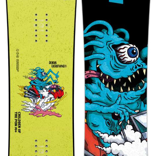 Capita Kids Children of the Pow Snowboard 2024 - A snowboard with a blue monster riding a red snowmobile on a cloud, surrounded by white clouds and yellow stars.