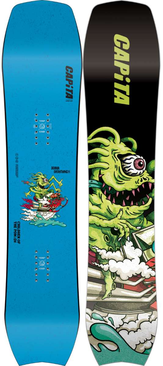 Capita Kids Children of the Pow Snowboard 2024 - A blue snowboard with a green monster riding a red and white snowboard on top of clouds.