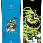 Capita Kids Children of the Pow Snowboard 2024 - A blue snowboard with a green monster riding a red and white snowboard on top of clouds.