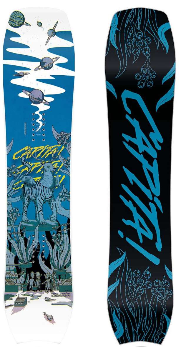 Capita Kids - Children of the Pow Snowboard 2023 is shown from a top-down perspective, featuring a predominantly white base with blue and green accents.