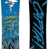 Capita Kids - Children of the Pow Snowboard 2023 is shown from a top-down perspective, featuring a predominantly white base with blue and green accents.
