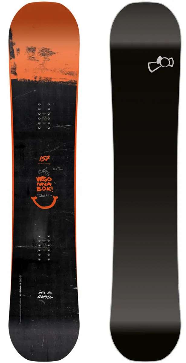 Capita Ladies Urgonnabok Snowboard 2023 - A black snowboard with a white logo featuring a stylized letter "C" and the word "Urgonnabok".