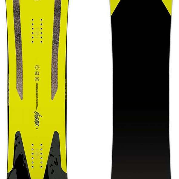 Capita Navigator Snowboard 2023 - A yellow snowboard with a black logo on top and a black base.