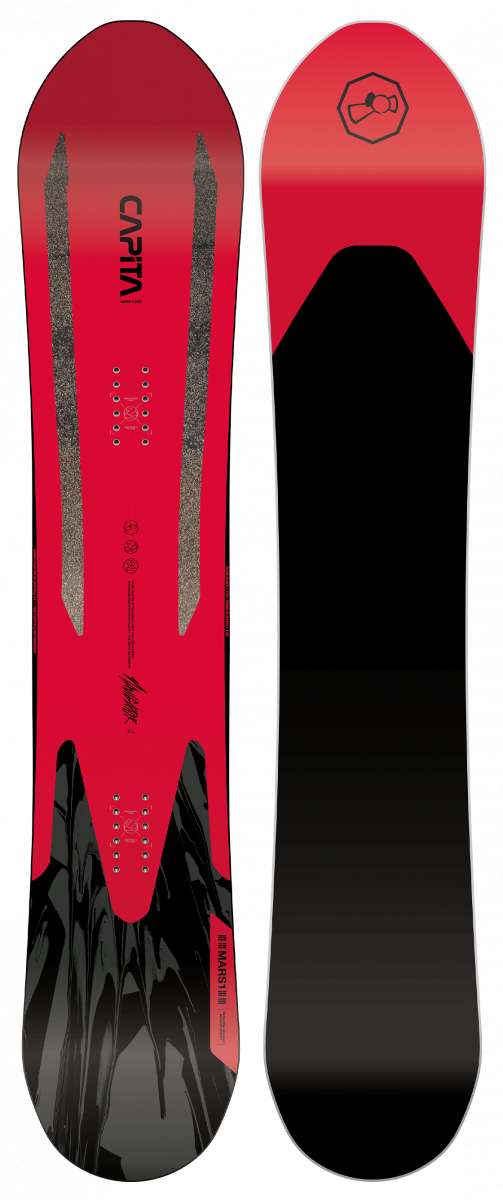 Capita Navigator Snowboard 2023 - A red snowboard with a black logo on top.