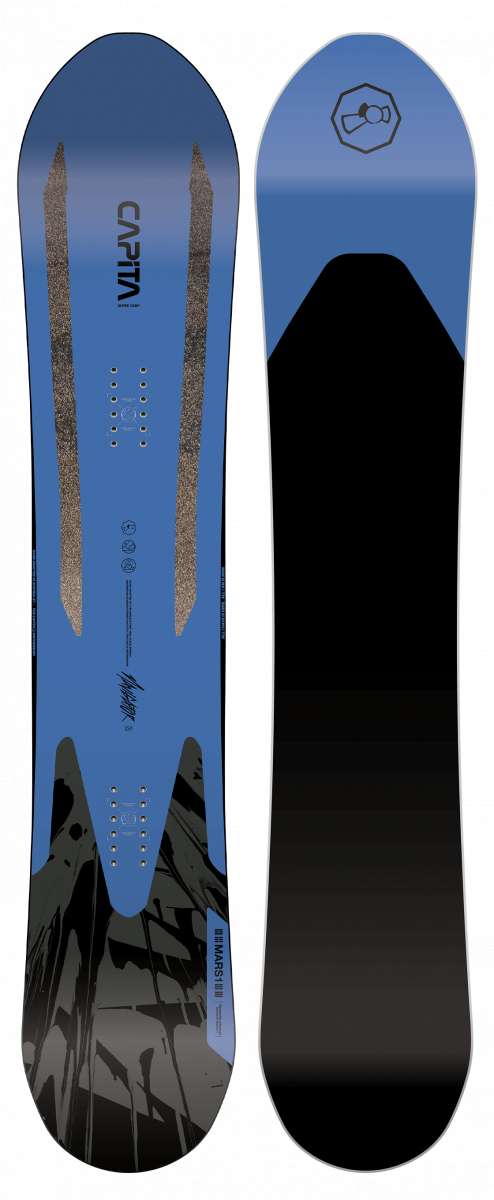 Capita Navigator Snowboard 2023 - A blue snowboard with a black logo on top and two gray stripes down the middle.