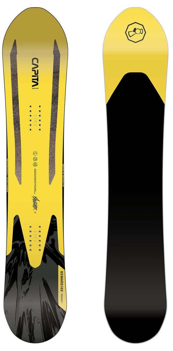 Capita Navigator Snowboard 2023 - A yellow snowboard with a black logo on top and two gray stripes down the middle.