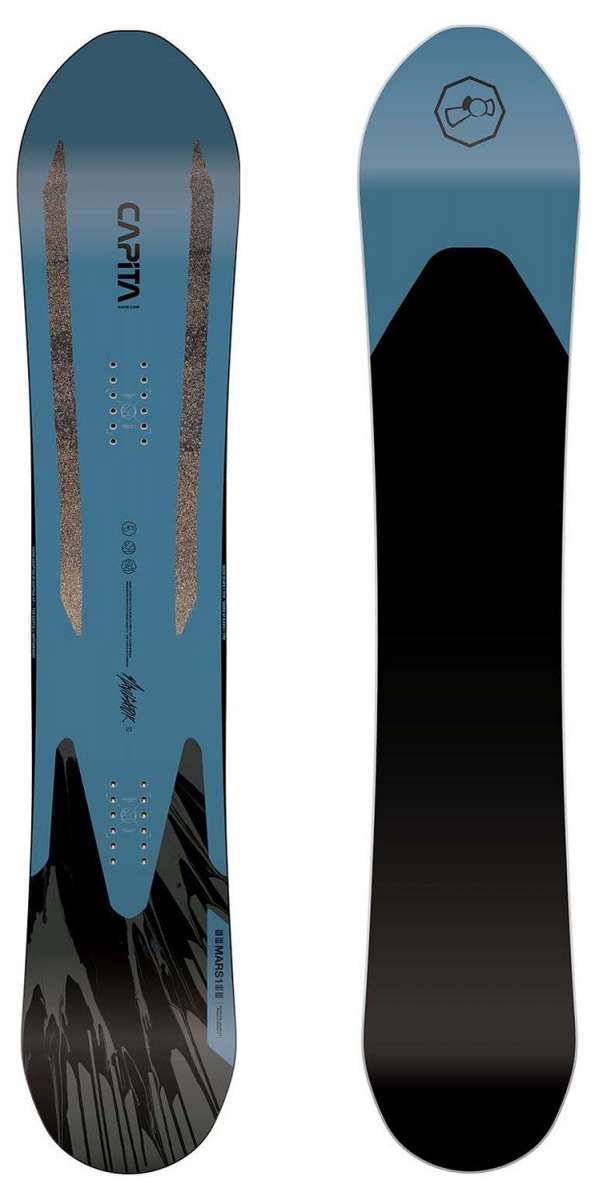 Capita Navigator Snowboard 2023 - A blue snowboard with a black mountain graphic at the bottom.