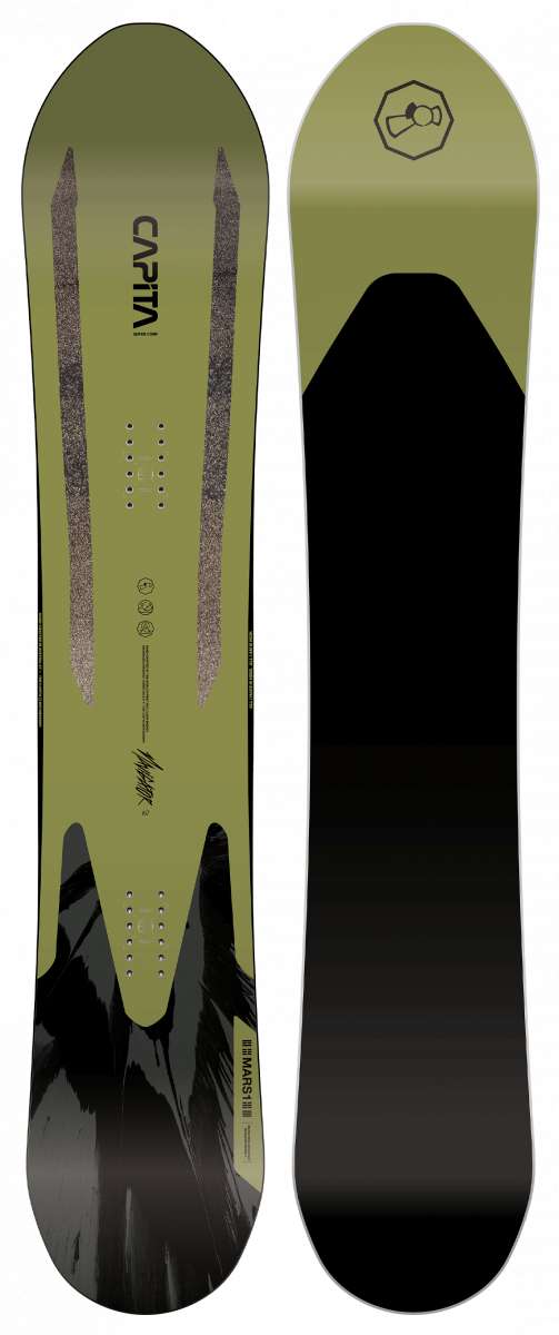 Capita Navigator Snowboard 2023 - A green snowboard with a black logo on top and two gray stripes down the middle.