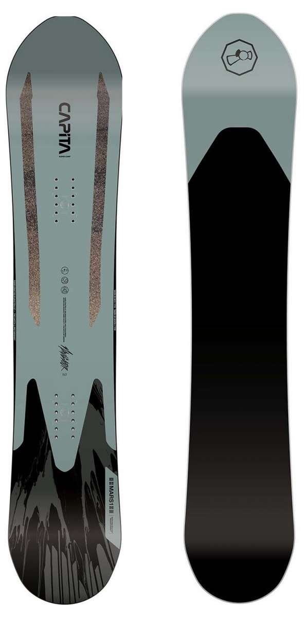 Capita Navigator Snowboard 2023 - A light blue snowboard with a brown logo on top and three brown stripes down the middle.