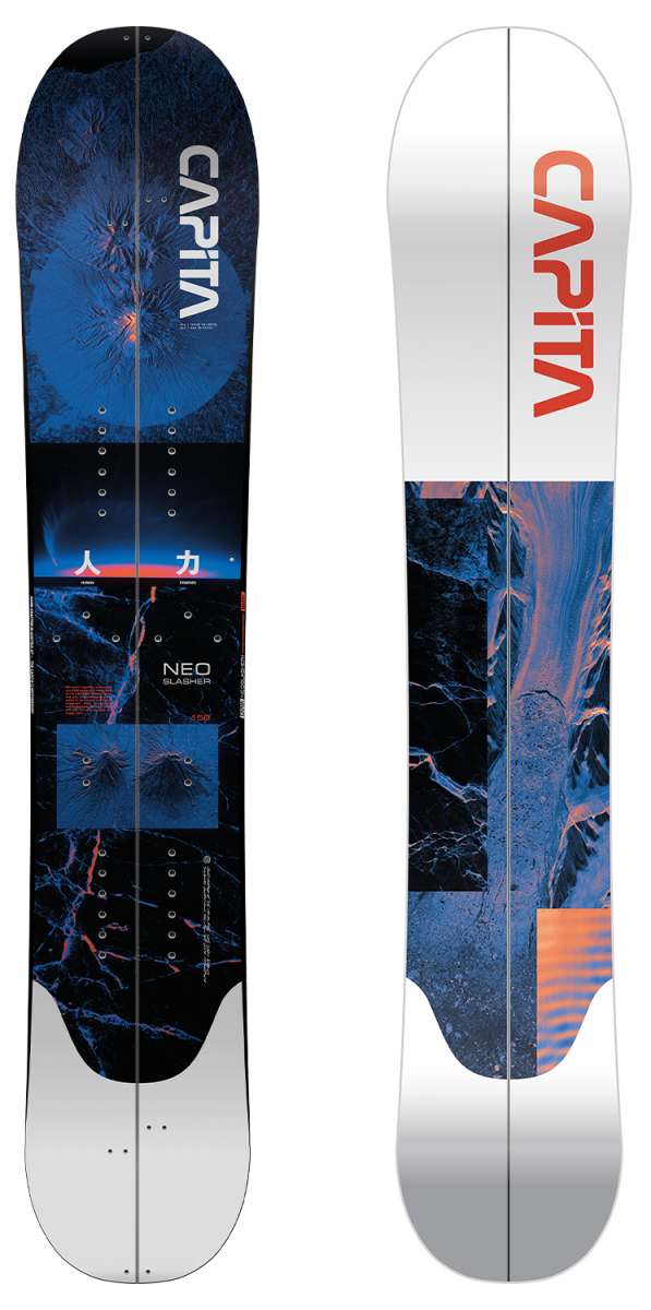 Capita Neo Slasher Split Board 2023 - A blue snowboard with a white logo and red lettering, featuring a tree branch design on its top surface.