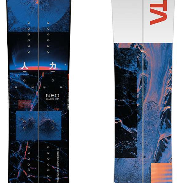 Capita Neo Slasher Split Board 2023 - A blue snowboard with a white logo and red lettering, featuring a tree branch design on its top surface.