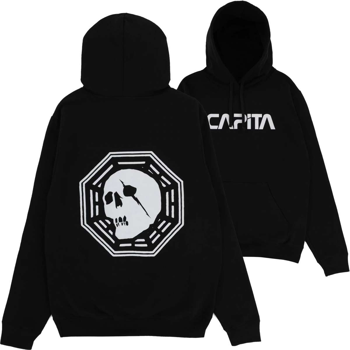CAPITA Skull Fleece Hoodie 2023 - A black hoodie with a white skull logo on the front.