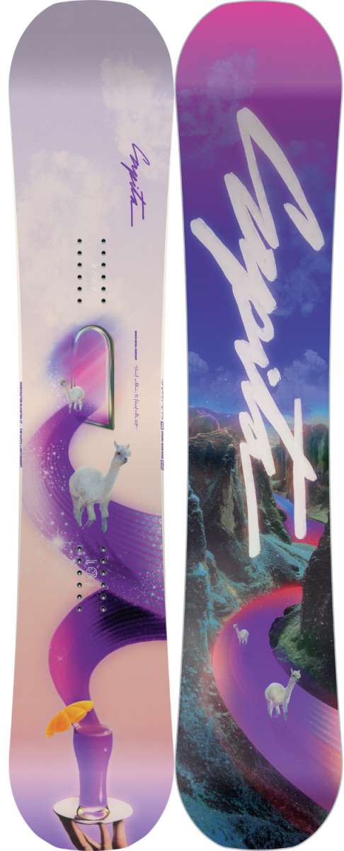 Capita Women's Space Metal Fantasy Snowboard 2024 - A snowboard with a purple and pink gradient background, featuring white clouds and a stylized "Space Metal" logo in silver font.