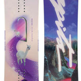 Capita Women's Space Metal Fantasy Snowboard 2024 - A snowboard with a purple and pink gradient background, featuring white clouds and a stylized "Space Metal" logo in silver font.