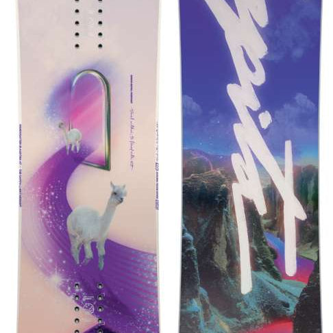 Capita Women's Space Metal Fantasy Snowboard 2024 - A snowboard with a purple and pink gradient background, featuring white clouds and a stylized "Space Metal" logo in silver font.