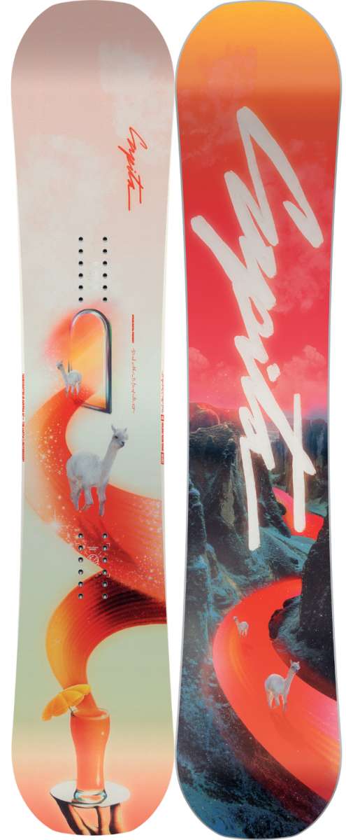 Capita Women's Space Metal Fantasy Snowboard 2024 - A snowboard with a predominantly white base and a vibrant, multicolored design featuring abstract shapes and patterns.