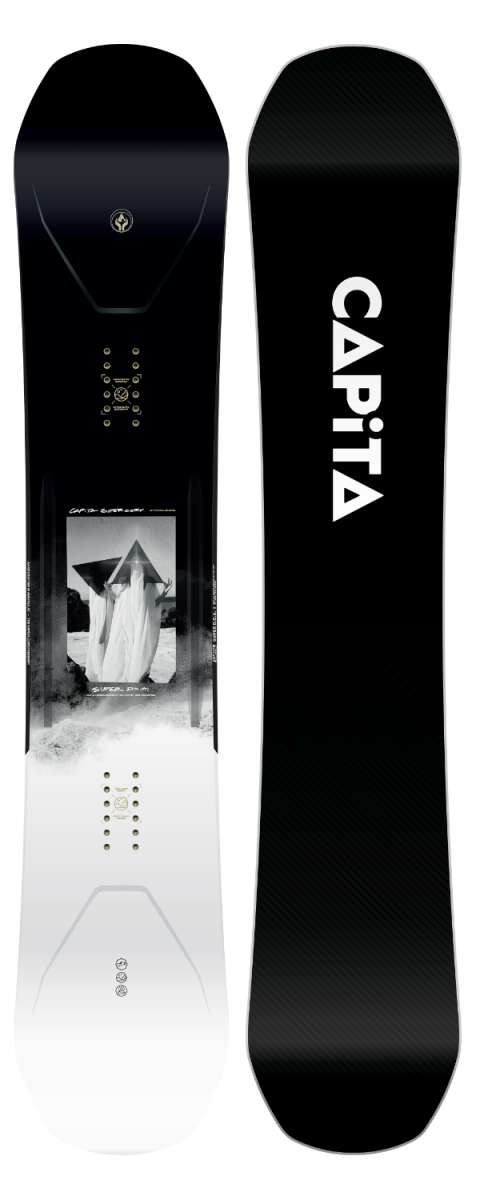 Capita Super DOA Snowboard 2024 - A black snowboard with a white logo and text on top of a gray background.