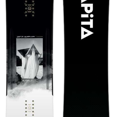 Capita Super DOA Snowboard 2024 - A black snowboard with a white logo and text on top of a gray background.