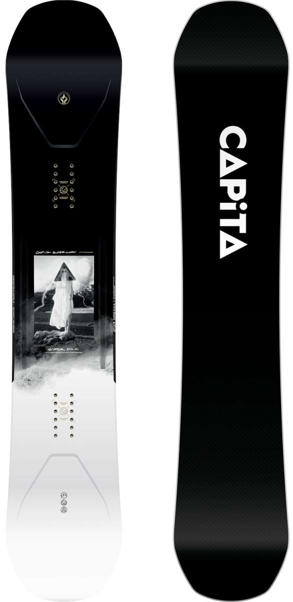 Capita - Super DOA Snowboard 2024 is shown in a black and white image, featuring a close-up of the top side with a logo at the center.